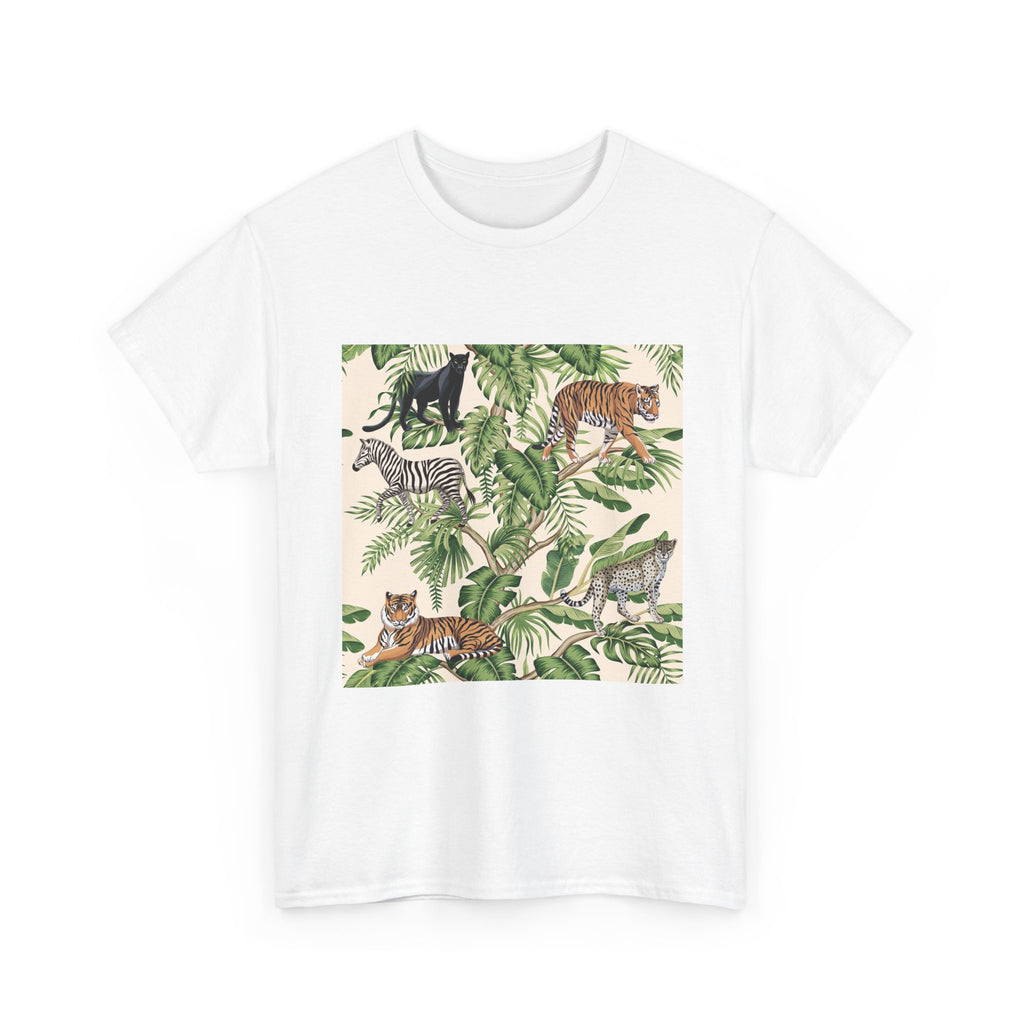 T-Shirt — Tropical Jungle Animals Graphic Tee (Zebra & Tiger Leaf Print)