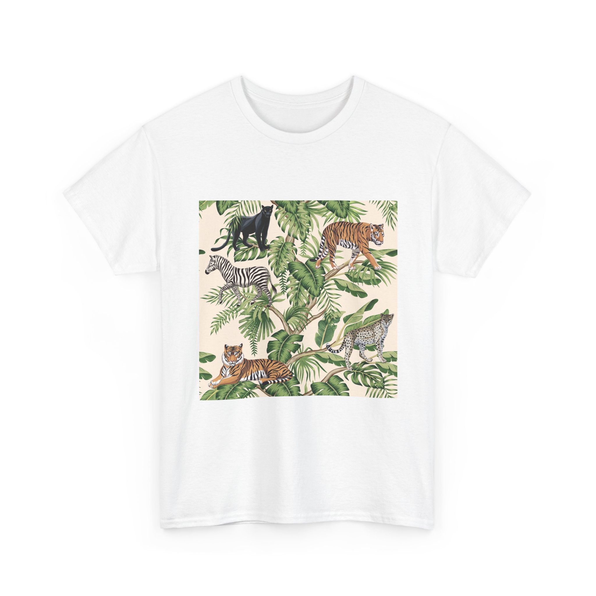 T-Shirt — Tropical Jungle Animals Graphic Tee (Zebra & Tiger Leaf Print)