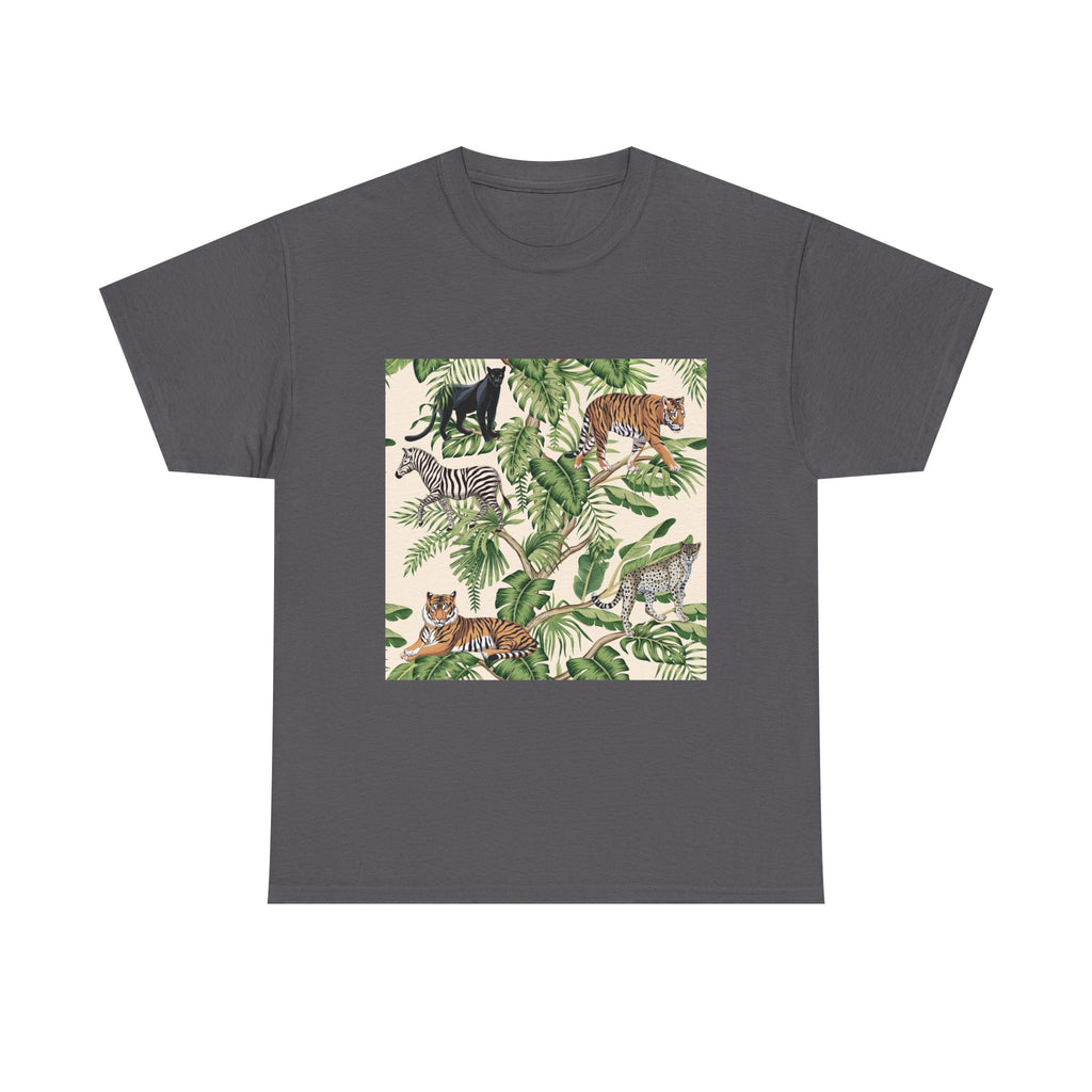 T-Shirt — Tropical Jungle Animals Graphic Tee (Zebra & Tiger Leaf Print)