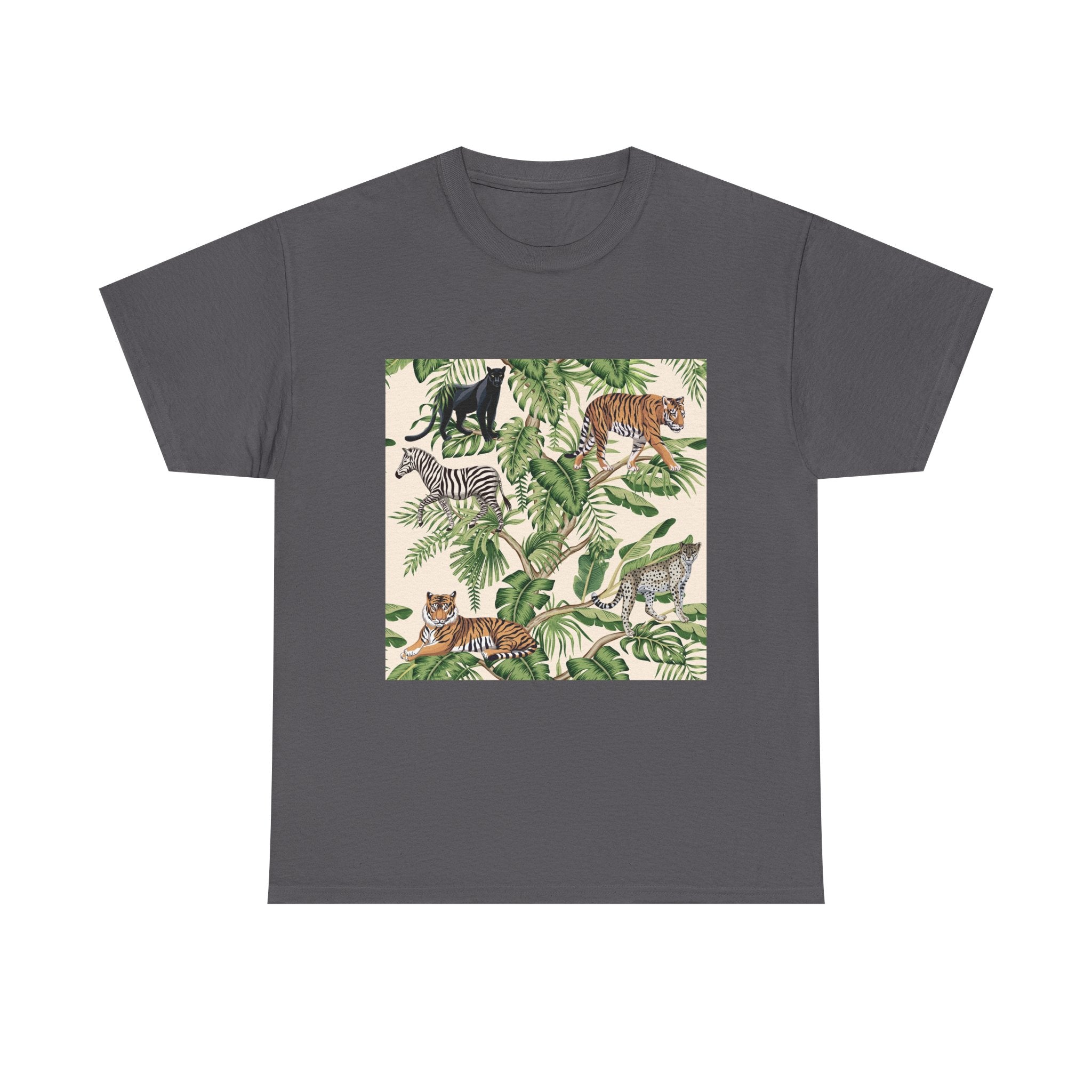 T-Shirt — Tropical Jungle Animals Graphic Tee (Zebra & Tiger Leaf Print)