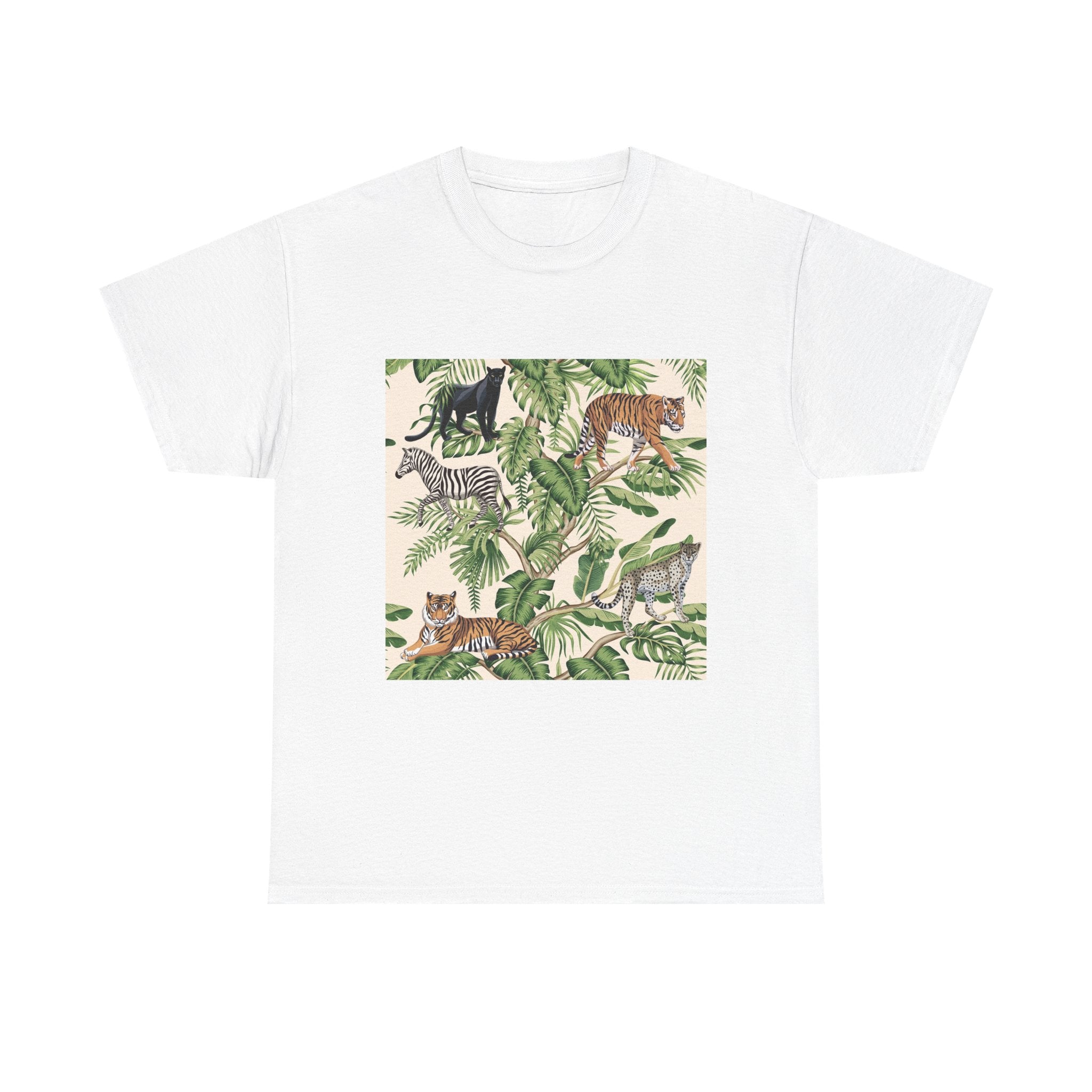 T-Shirt — Tropical Jungle Animals Graphic Tee (Zebra & Tiger Leaf Print)