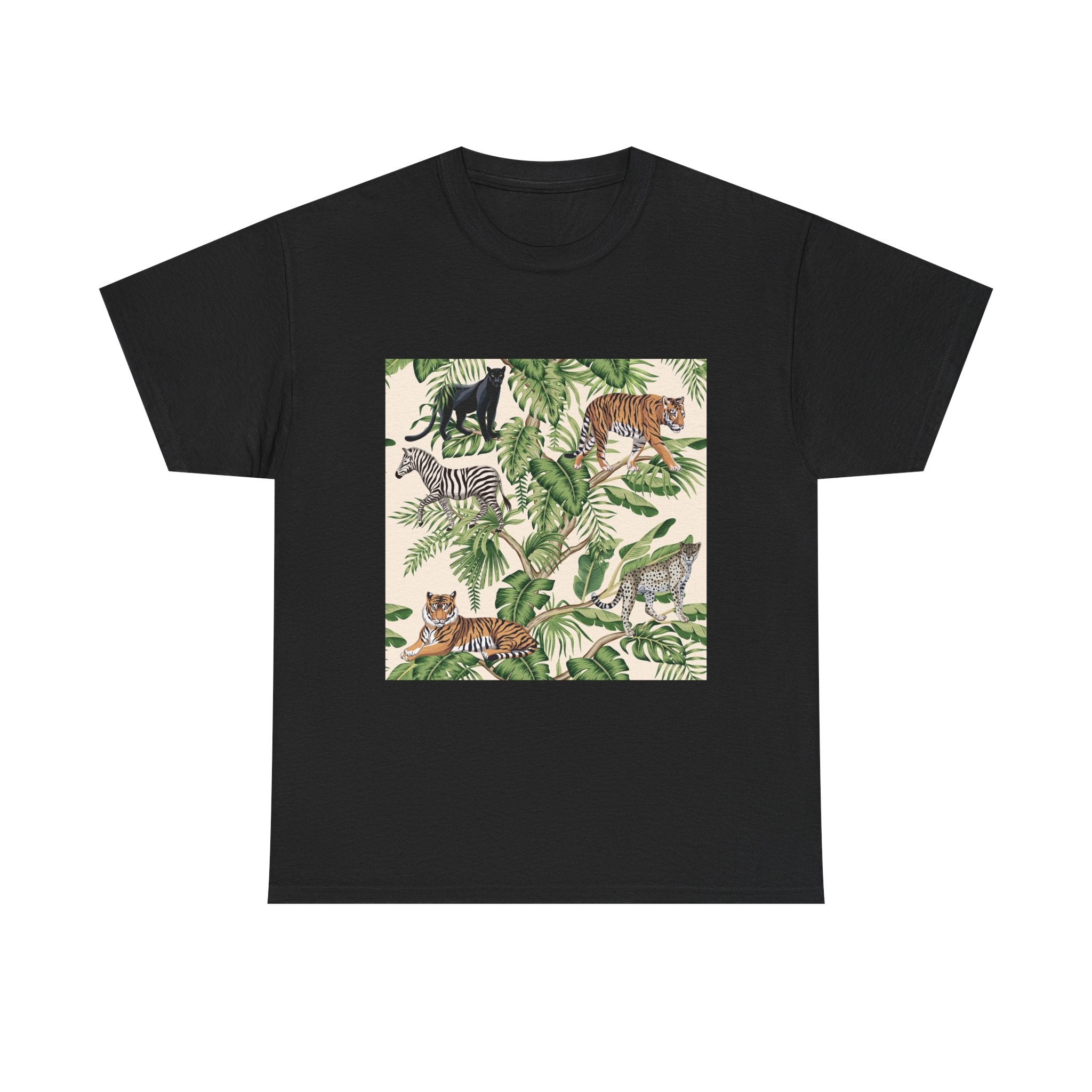 T-Shirt — Tropical Jungle Animals Graphic Tee (Zebra & Tiger Leaf Print)