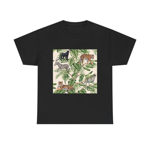 T-Shirt — Tropical Jungle Animals Graphic Tee (Zebra & Tiger Leaf Print)