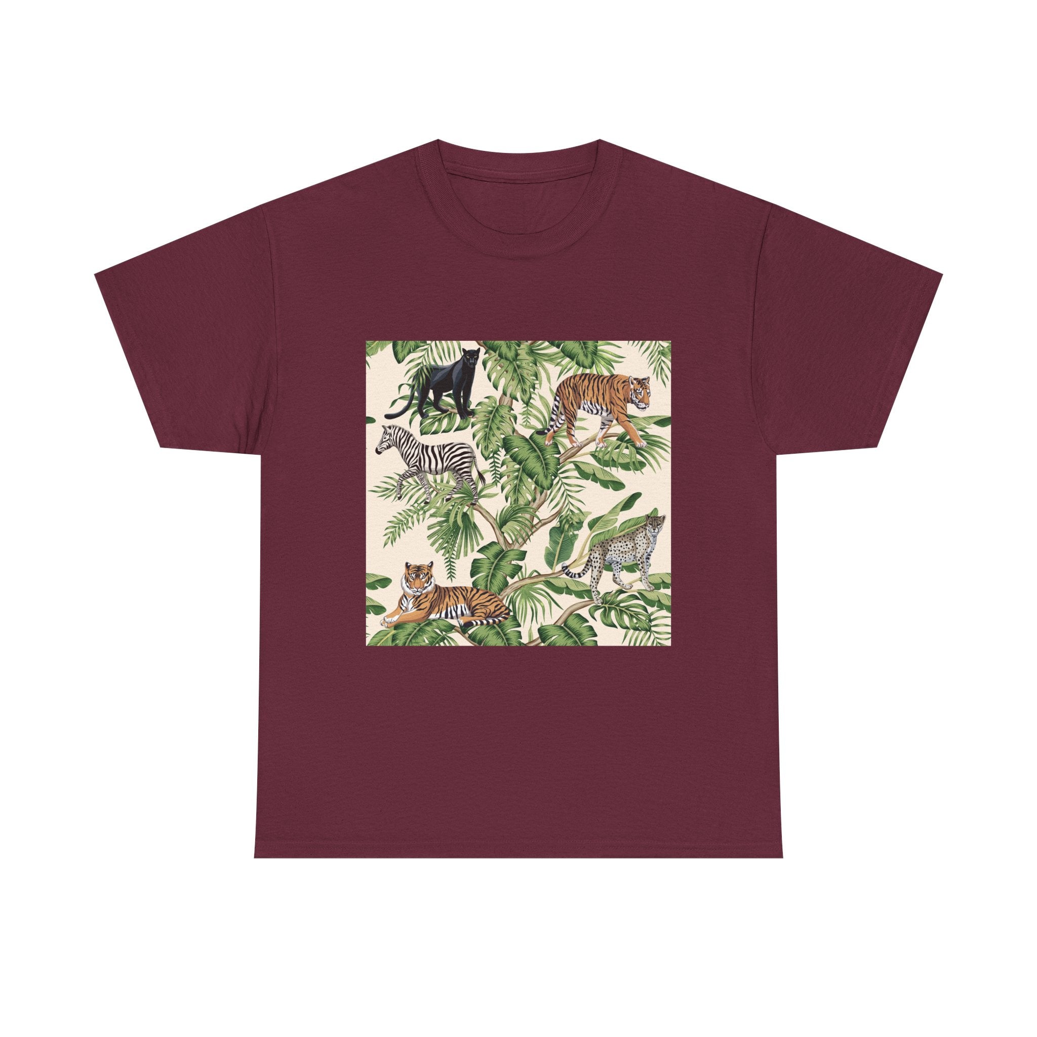 T-Shirt — Tropical Jungle Animals Graphic Tee (Zebra & Tiger Leaf Print)