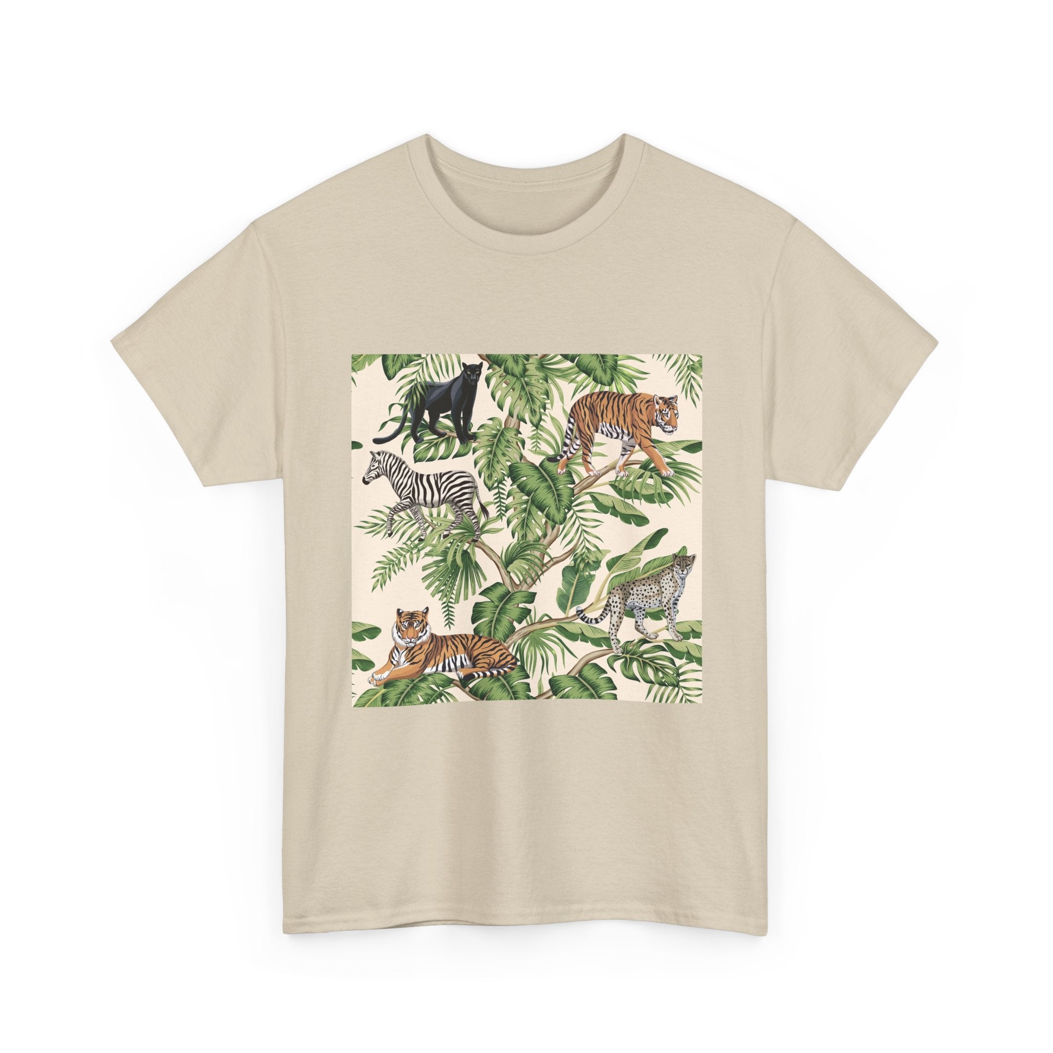 T-Shirt — Tropical Jungle Animals Graphic Tee (Zebra & Tiger Leaf Print)