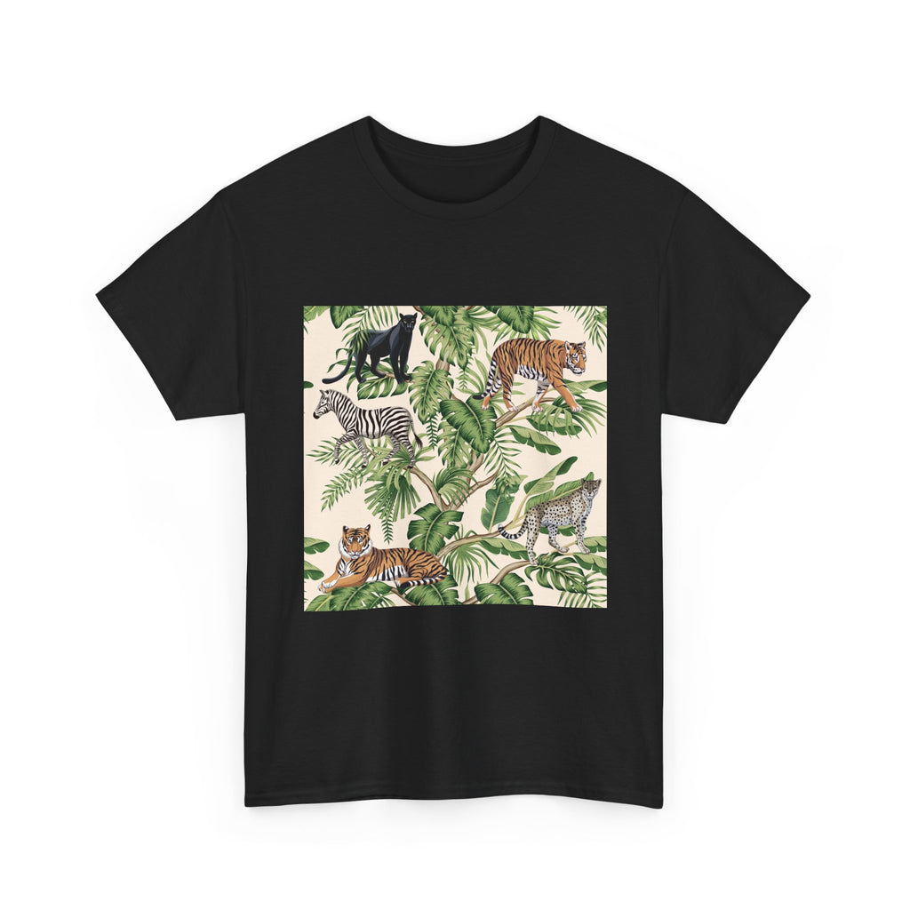 T-Shirt — Tropical Jungle Animals Graphic Tee (Zebra & Tiger Leaf Print)