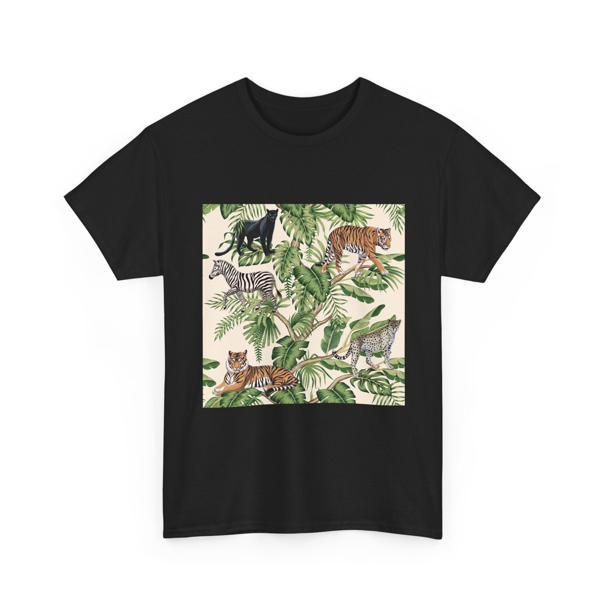 T-Shirt — Tropical Jungle Animals Graphic Tee (Zebra & Tiger Leaf Print)