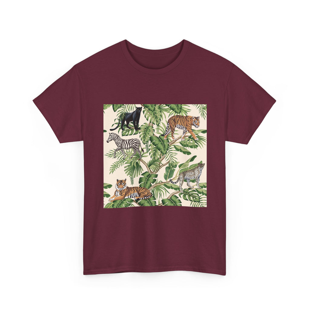 T-Shirt — Tropical Jungle Animals Graphic Tee (Zebra & Tiger Leaf Print)