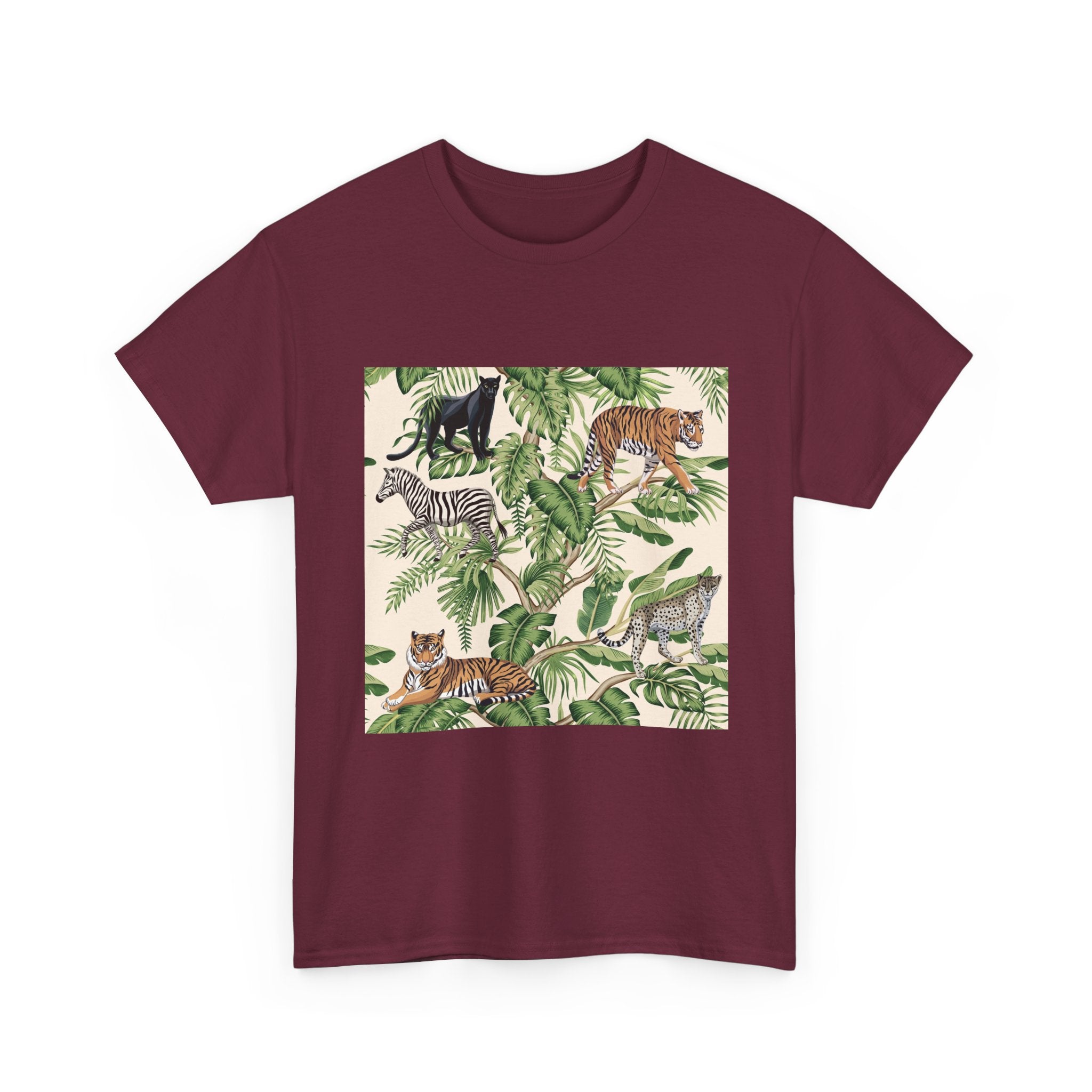 T-Shirt — Tropical Jungle Animals Graphic Tee (Zebra & Tiger Leaf Print)