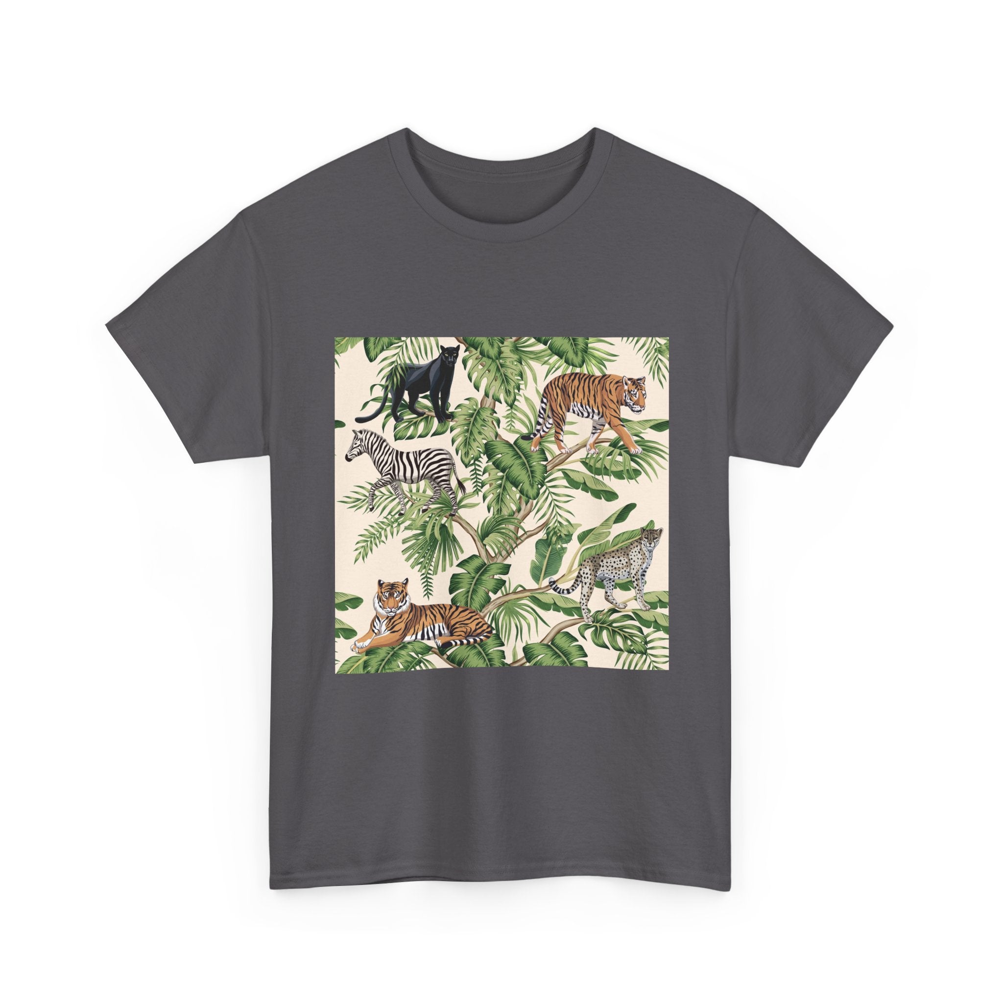 T-Shirt — Tropical Jungle Animals Graphic Tee (Zebra & Tiger Leaf Print)