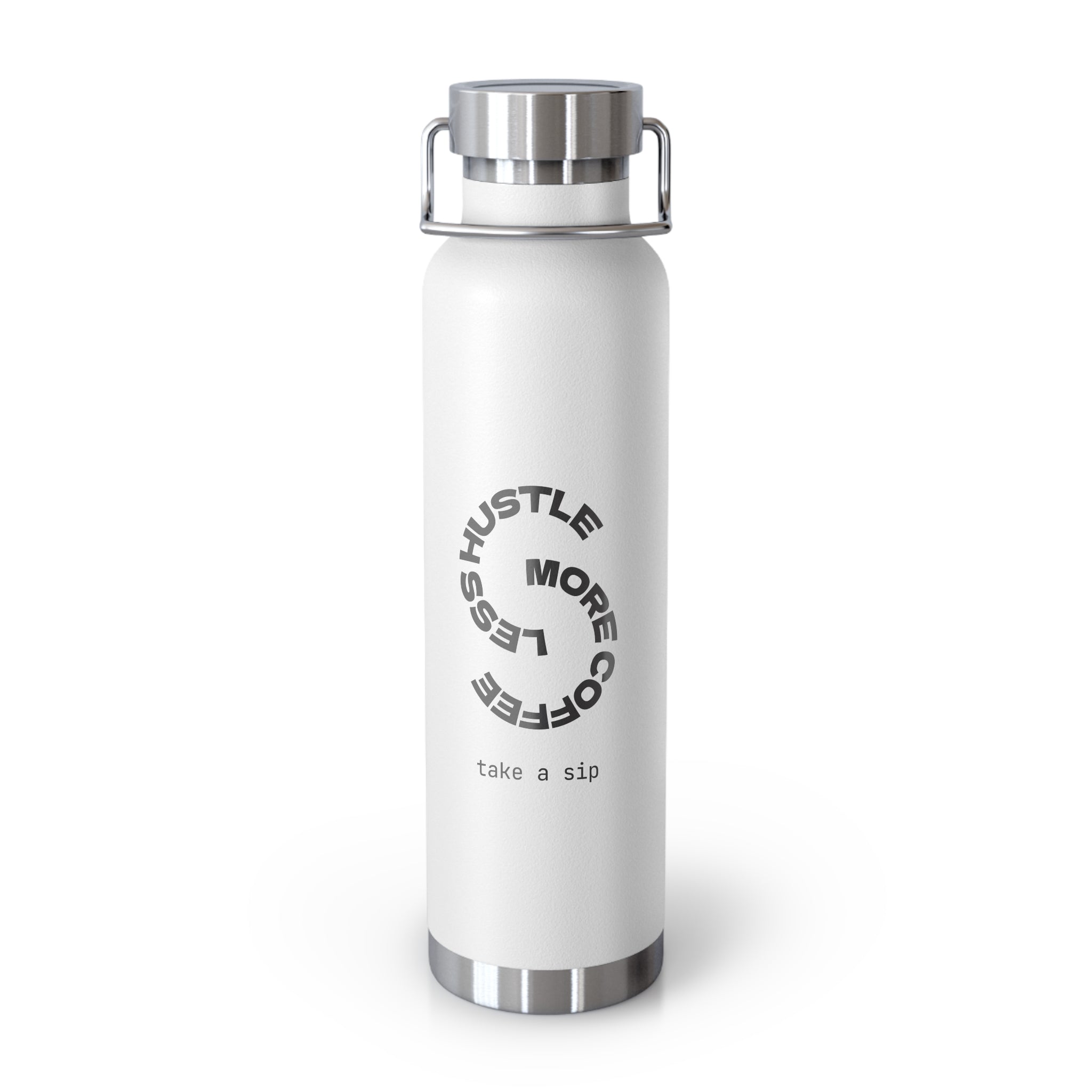 22oz Copper Vacuum Bottle — “Hustle More, Coffee Less” Stainless Insulated Water Bottle