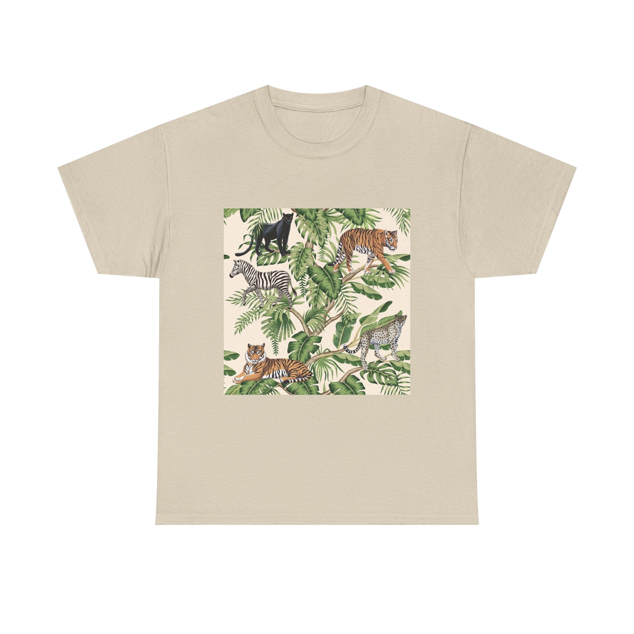 T-Shirt — Tropical Jungle Animals Graphic Tee (Zebra & Tiger Leaf Print)